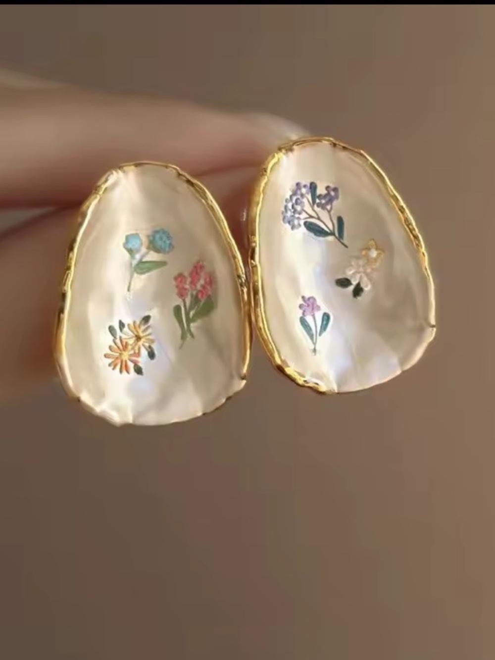 Hand-Painted Floral Mother-of-Pearl Gold Edge Earrings - Picture 9 of 10